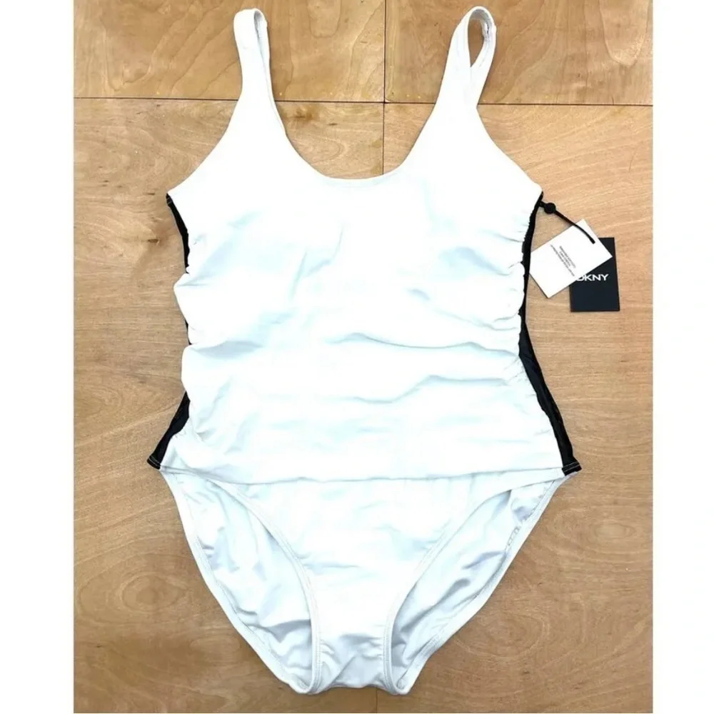 DKNY SOFT WHITE Mesh Side Shirred One Piece Swimsuit, US 8 - Picture 4 of 5
